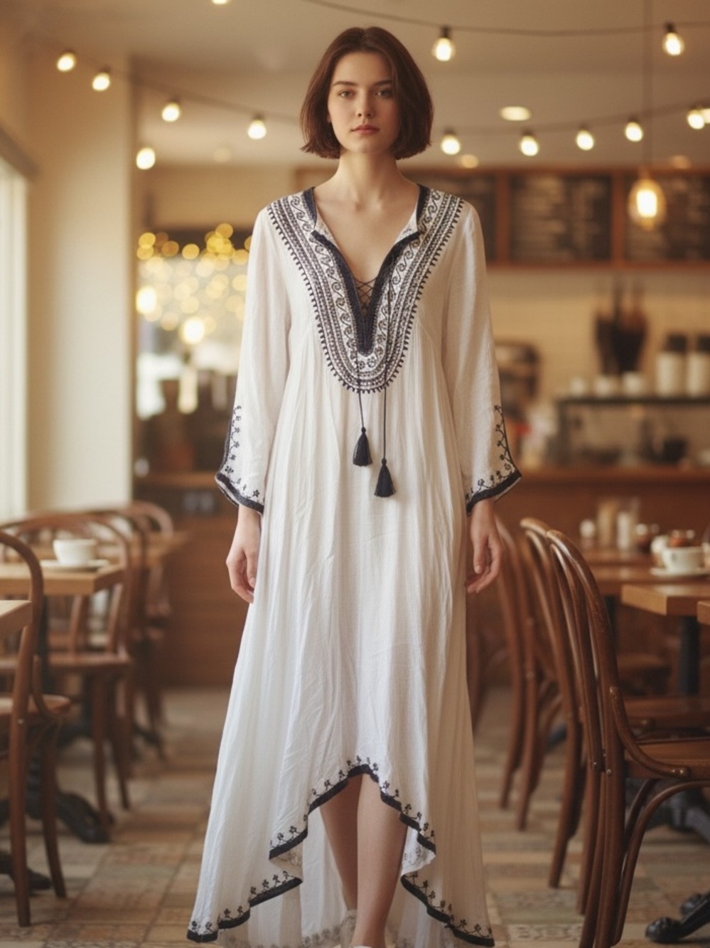 Maison du Caftan White and Black Embroidered Maxi Dress